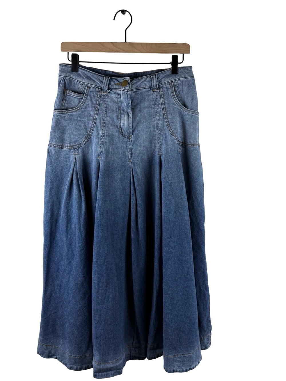 Soft Surroundings Pleated Stretch Denim Midi Skirt Boho Western Cottage Small